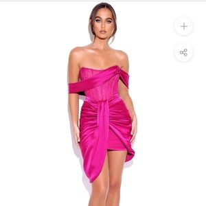 Miss Circle Darlene Fuchsia Off Shoulder Corset Satin Dress with Crystals